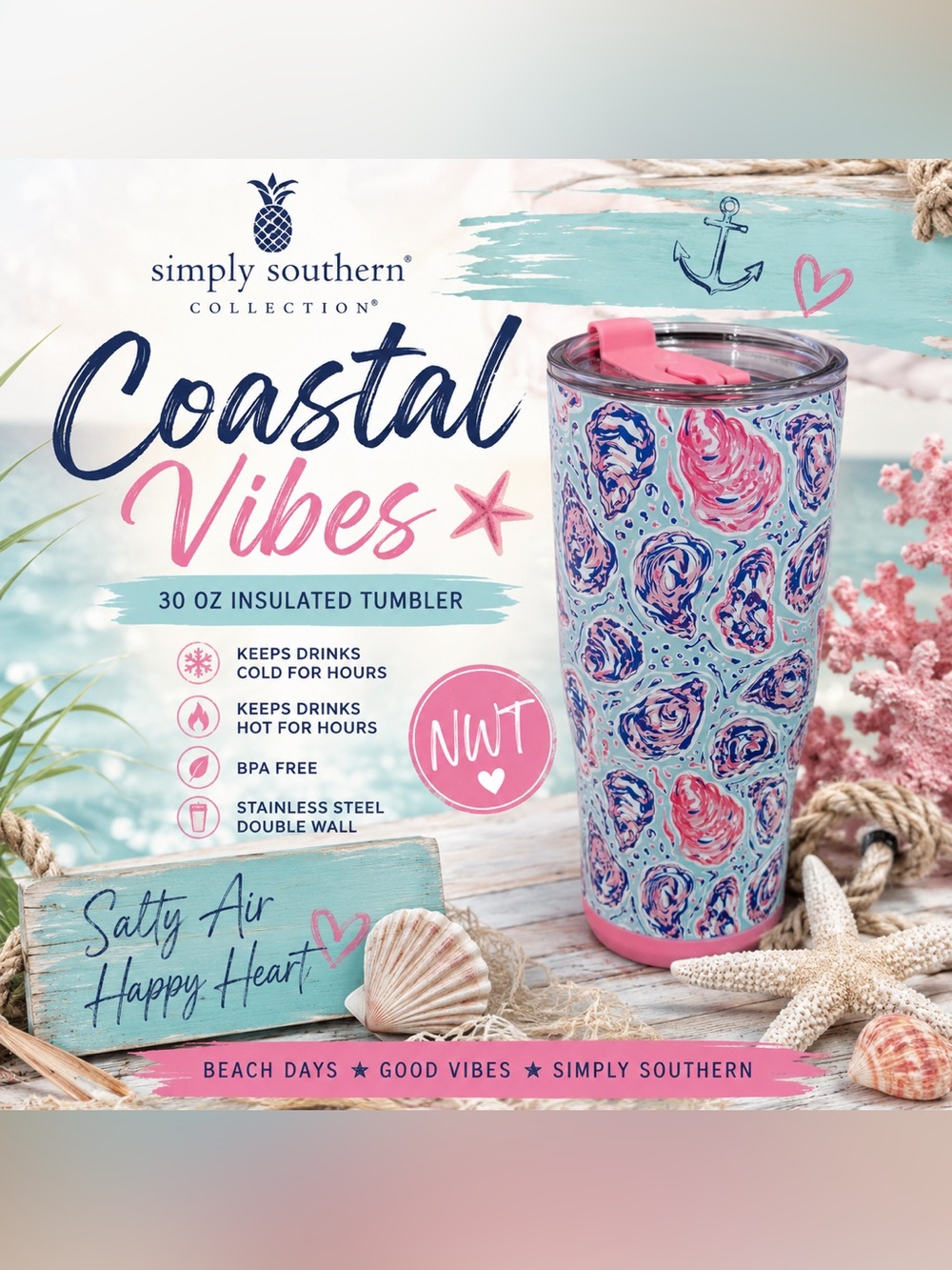 Simply Southern 30 oz Oyster Print Stainless Steel Tumbler NWT